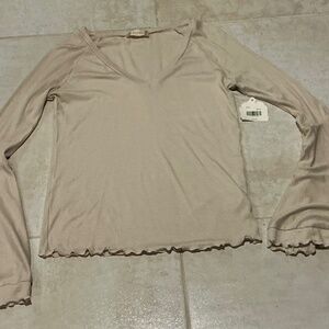 Altar'd State‎ Sz M Tan Waffle Knit Crop Top Bell Flared Sleeves Ruffles Cottage